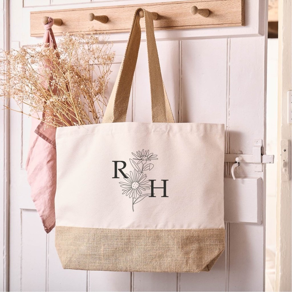 Personalised September Birth Flower Initial Tote Bag, Thoughtful 40th birthday gift for her from Sunday's Daughter