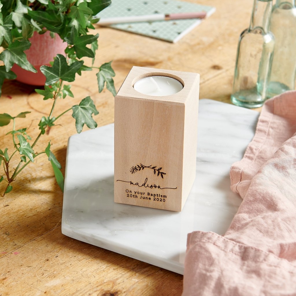 Personalised Wooden Christening Candle Holder