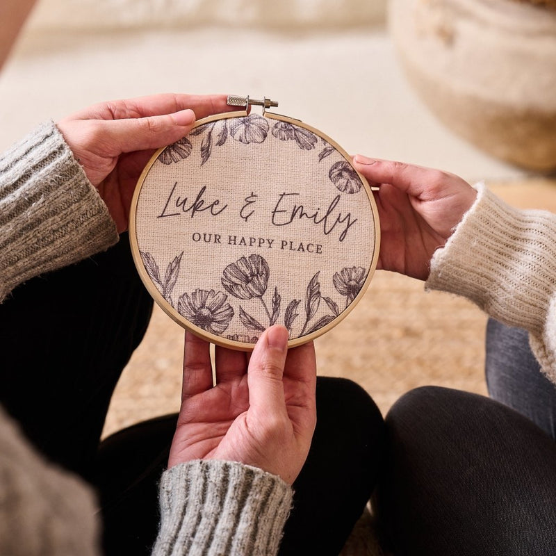 Personalised Our Happy Place Linen Hoop - Sunday's Daughter