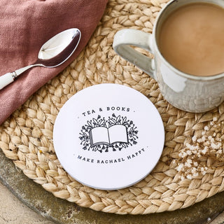 Personalised Tea And Books Ceramic Coaster - Sunday's Daughter